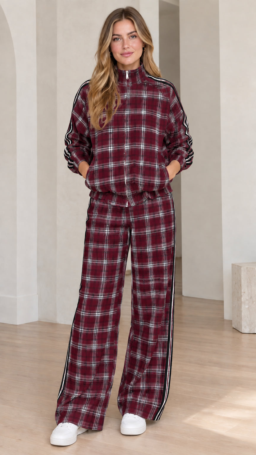 Women's burgundy red plaid zip jacket and wide leg track pants set
