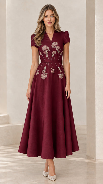 Burgundy wine red embroidered V-neck formal evening gown