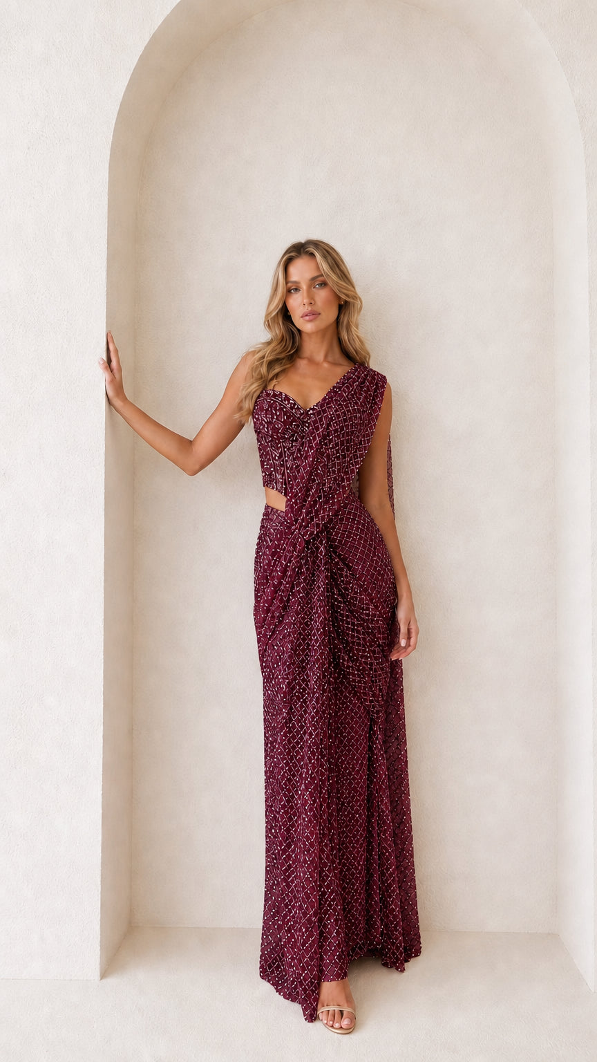 Burgundy sequin pre-draped saree evening gown front view