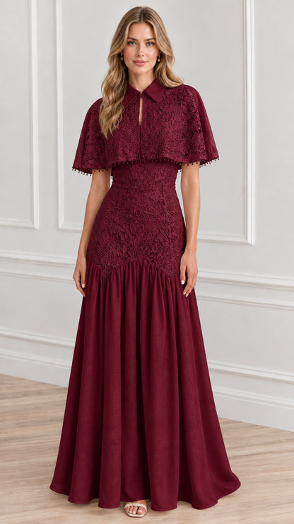 Front view of burgundy red lace capelet formal evening gown