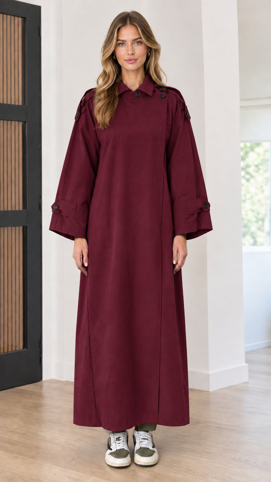 Front view of long trench maxi dress in burgundy wine red