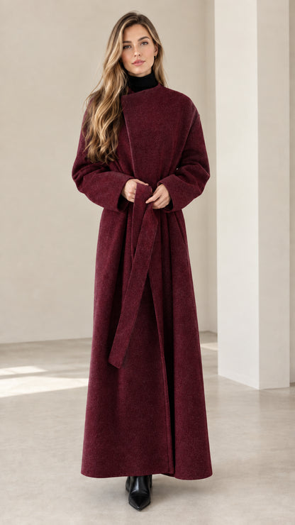 Model wearing burgundy wine red full-length belted wrap coat