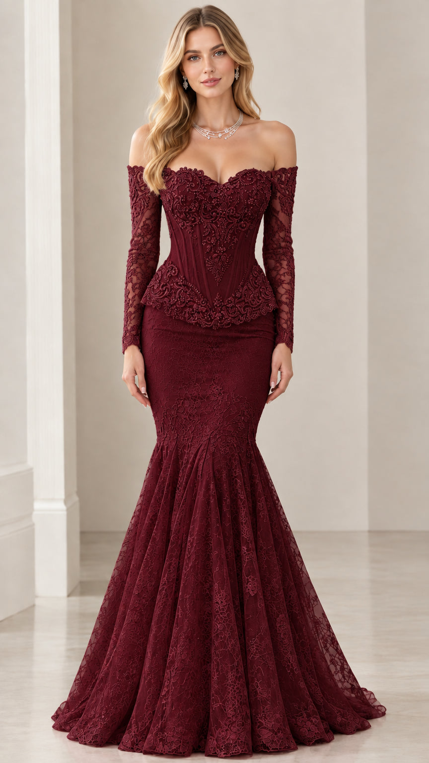 Front view of burgundy red off-the-shoulder lace corset peplum evening gown