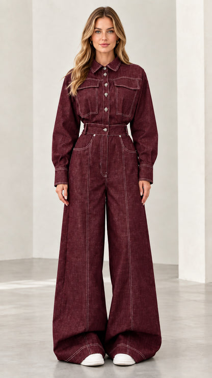 Front view of model wearing burgundy long-sleeve wide leg denim jumpsuit