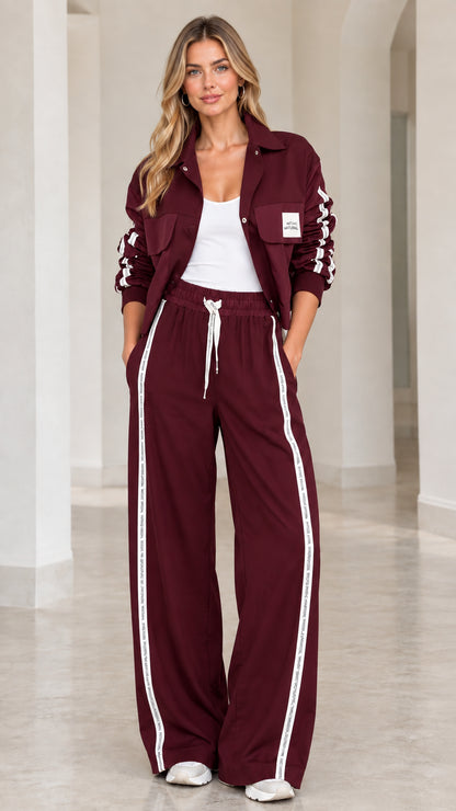 Model wearing Burgundy 2-piece cropped jacket and wide-leg casual pants set