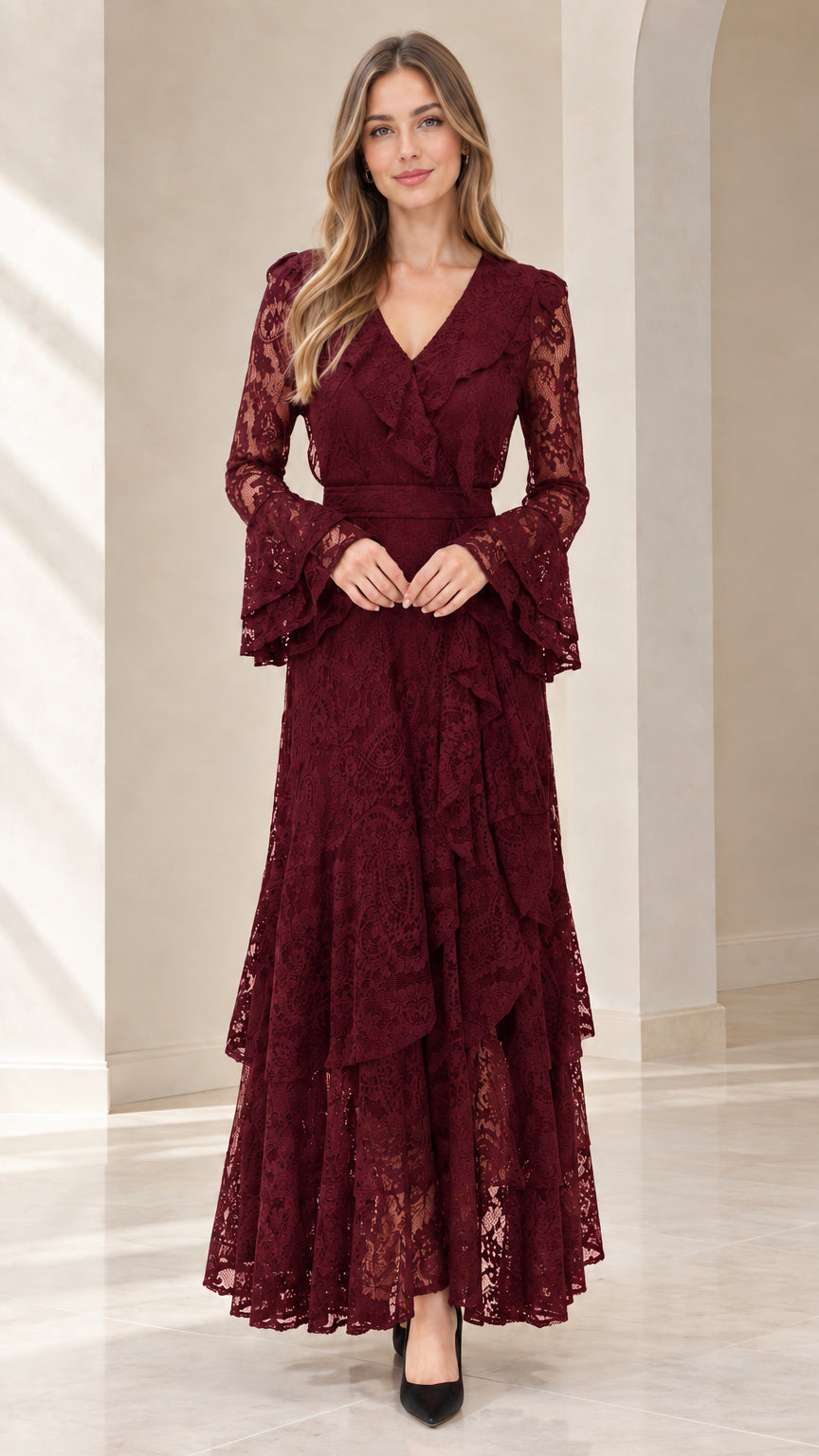 Front full view of woman wearing burgundy wine red tiered lace formal dress