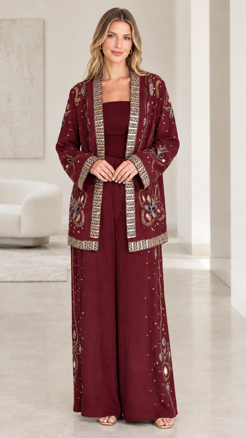 Front full-length view of burgundy red embroidered formal pant suit set
