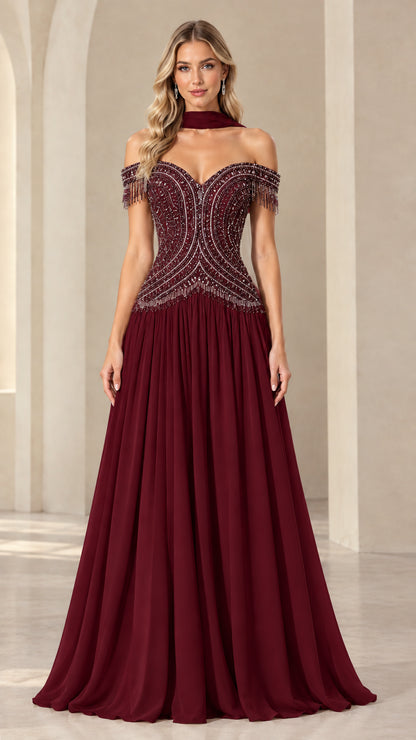 Burgundy wine off-the-shoulder beaded formal gown with flowing skirt