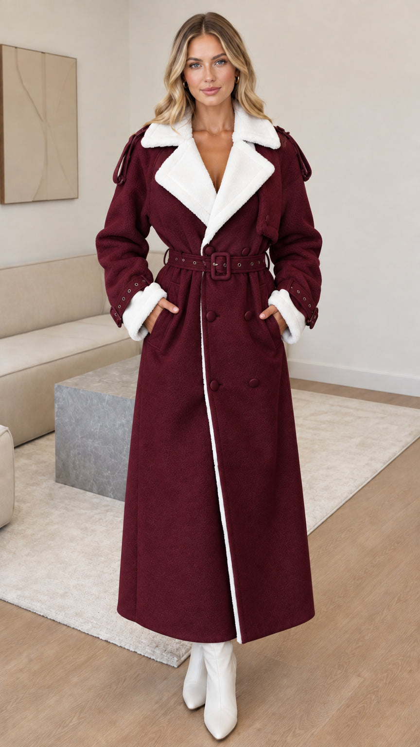 Full-length front view of woman wearing burgundy red faux shearling maxi coat