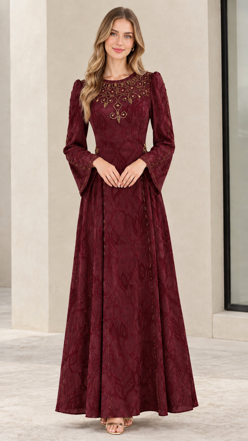 Model wearing burgundy red embellished jacquard evening dress