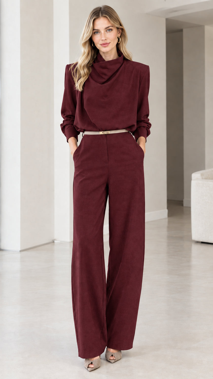 Burgundy Long Sleeve Cowl Neck Wide Leg Belted Jumpsuit