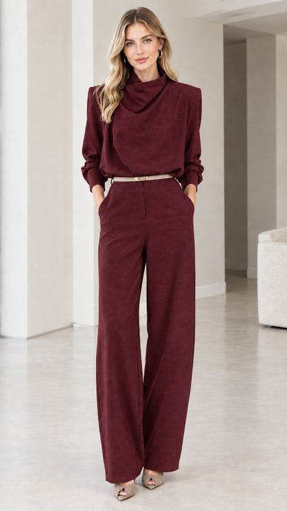 Burgundy Long Sleeve Cowl Neck Wide Leg Belted Jumpsuit