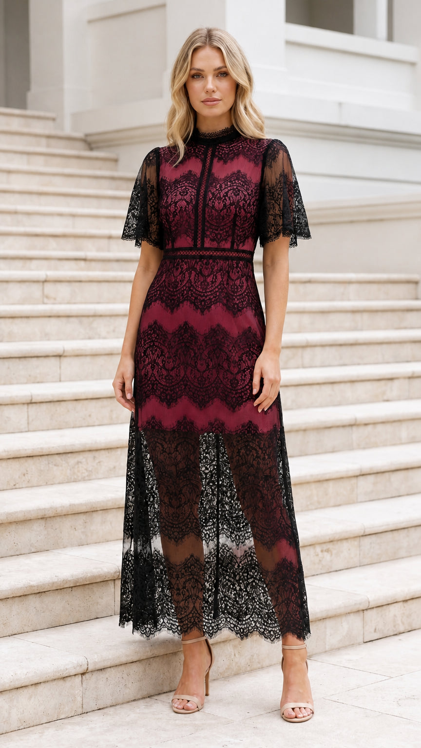 Black eyelash lace maxi dress over burgundy wine lining