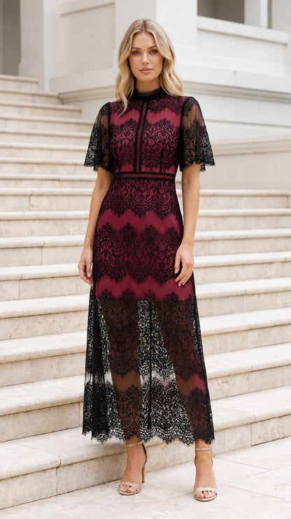 Black eyelash lace maxi dress over burgundy wine lining