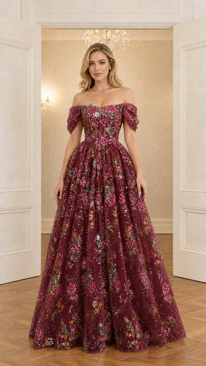 Burgundy wine red off-the-shoulder floral sequin formal ball gown