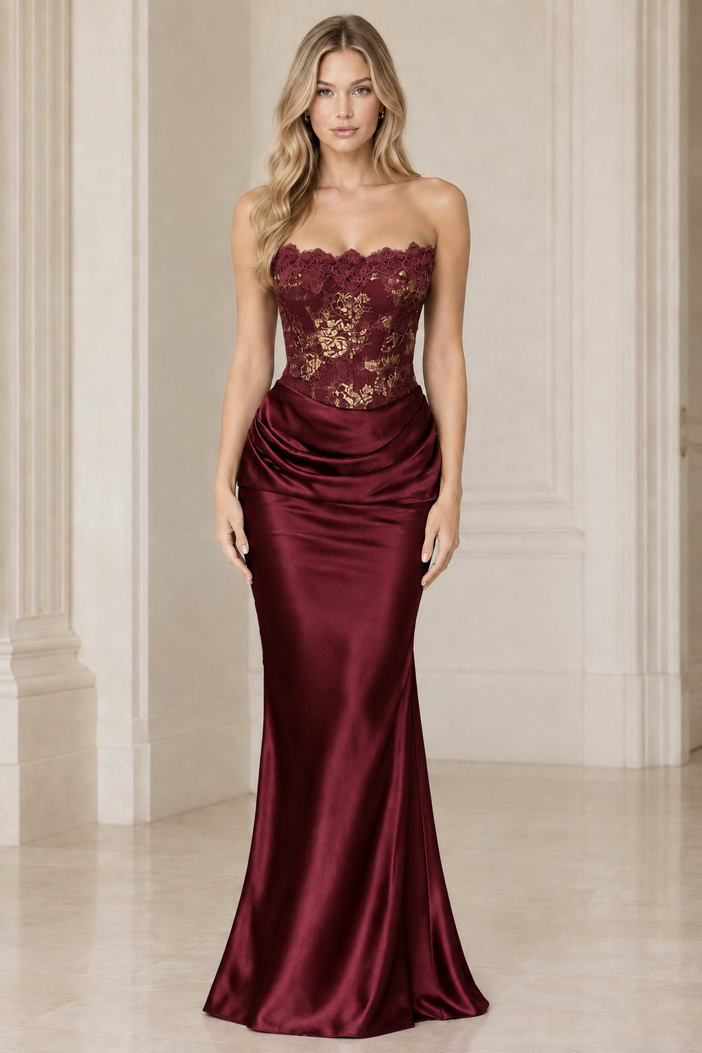 Burgundy red strapless satin formal gown with lace corset top
