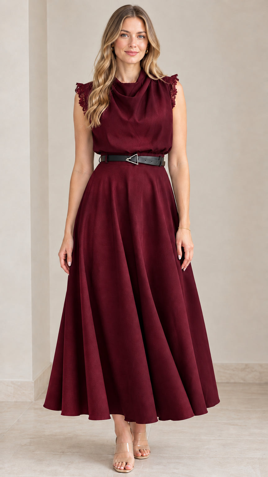 Front view of burgundy wine sleeveless cowl neck midi dress