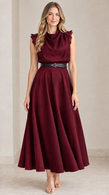 Front view of burgundy wine sleeveless cowl neck midi dress