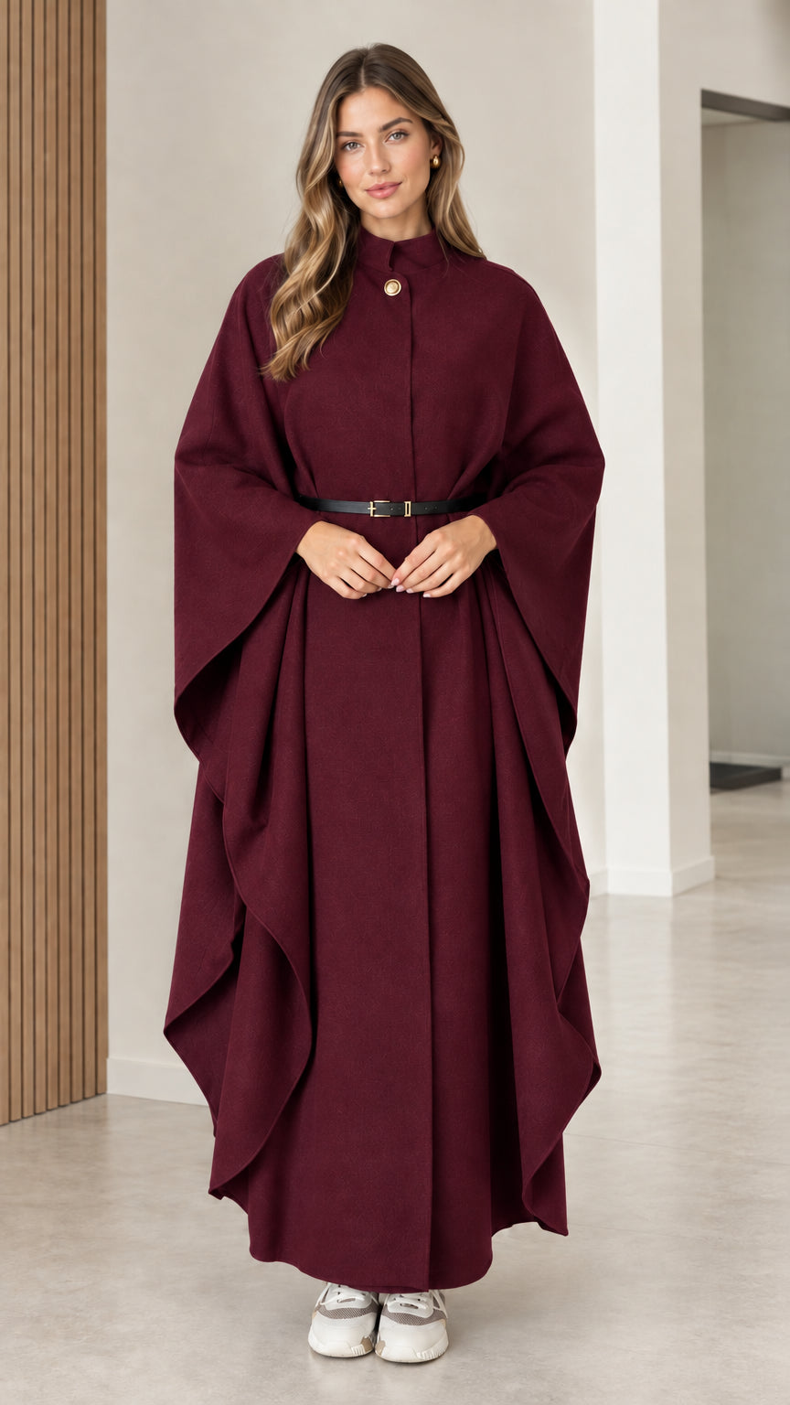 Women's rich burgundy red belted maxi cape coat