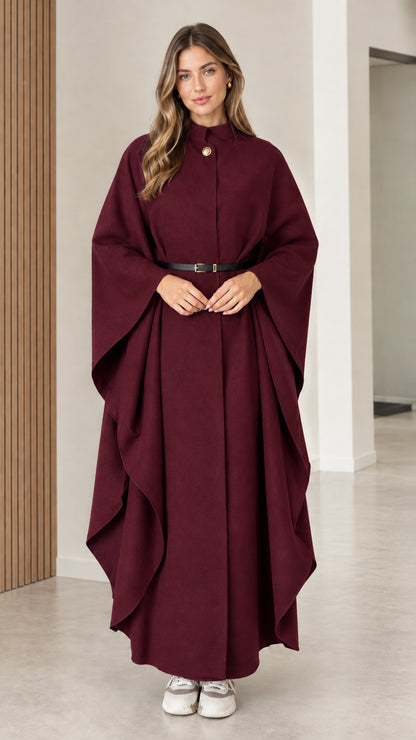 Women's rich burgundy red belted maxi cape coat