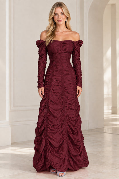 Front view of burgundy wine off-the-shoulder ruched formal maxi dress