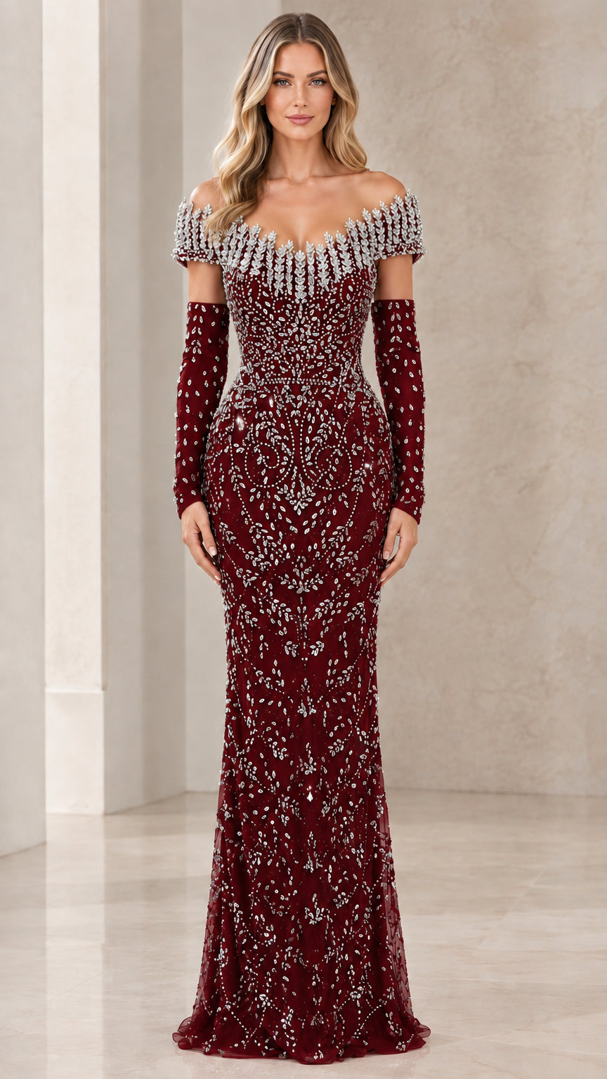 Burgundy red beaded evening gown with matching long embellished gloves
