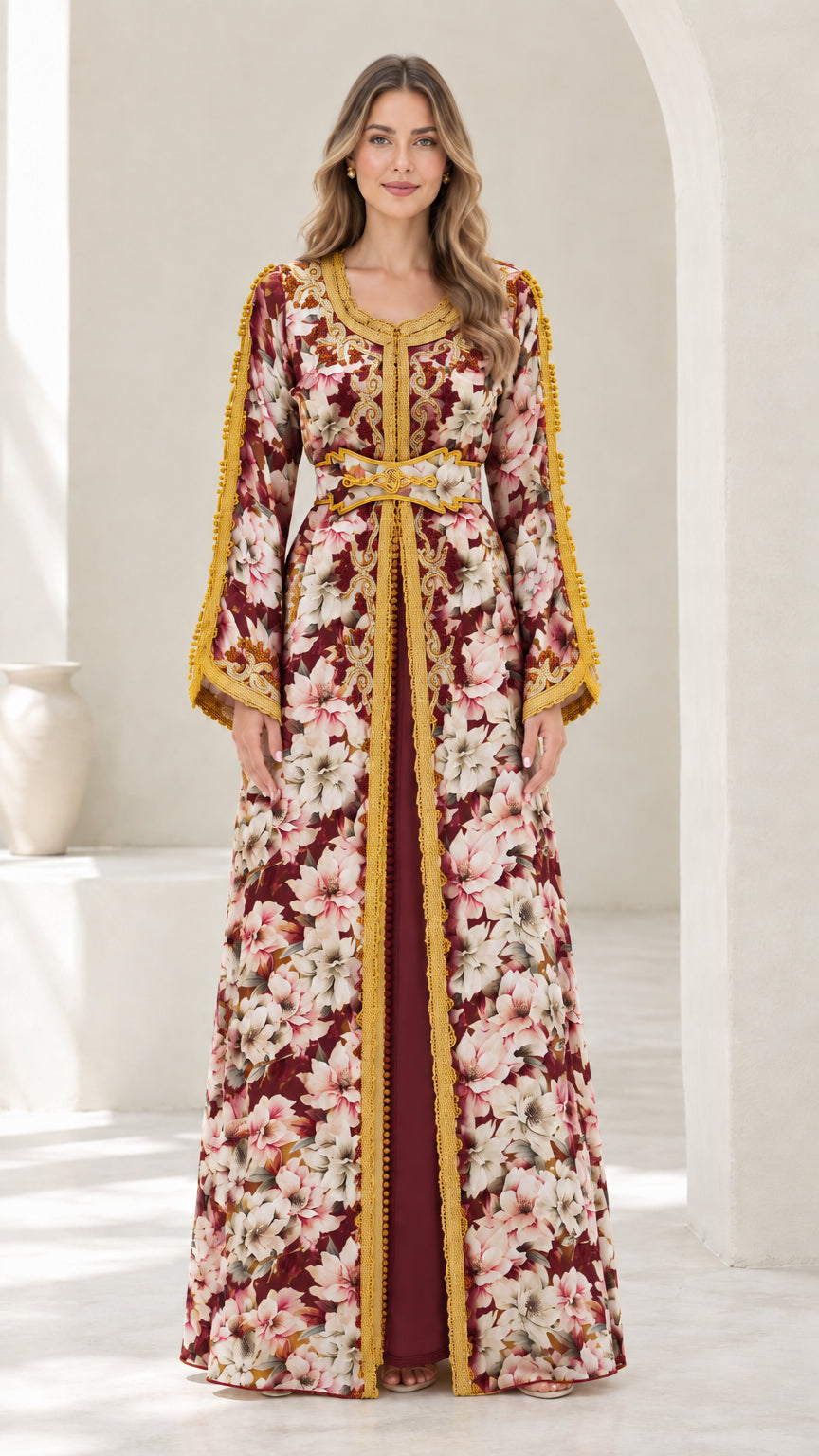 Full-length view of burgundy red floral embroidered belted kaftan dress