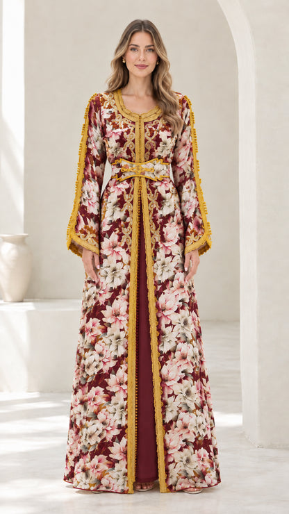 Full-length view of burgundy red floral embroidered belted kaftan dress