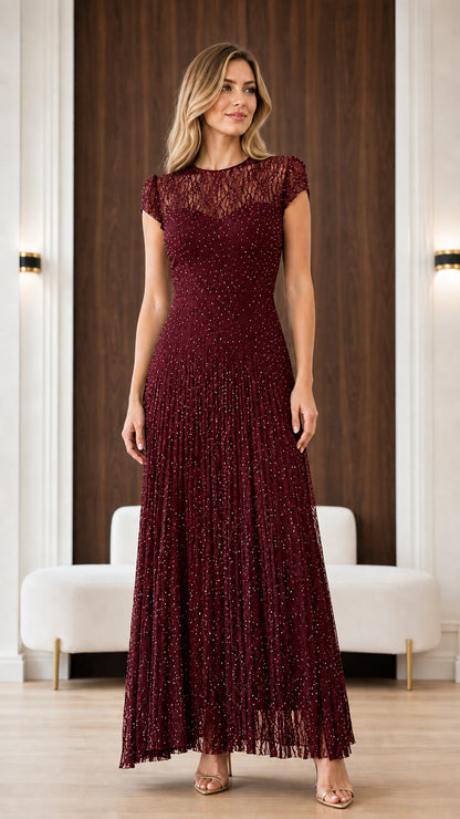 Burgundy wine lace illusion cap sleeve pleated evening gown