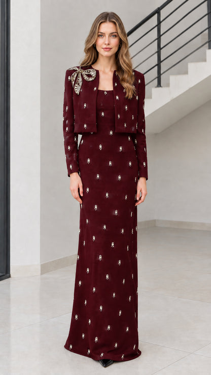 Burgundy wine red crystal-accented evening gown and bolero jacket set