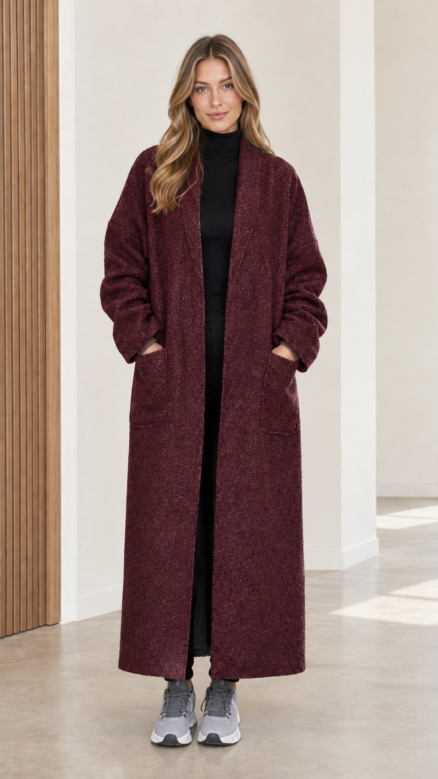 Full front view of women's burgundy wine bouclé duster coat