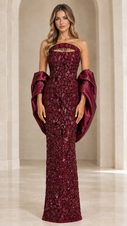 Burgundy wine red embellished column evening gown with satin sleeve wraps
