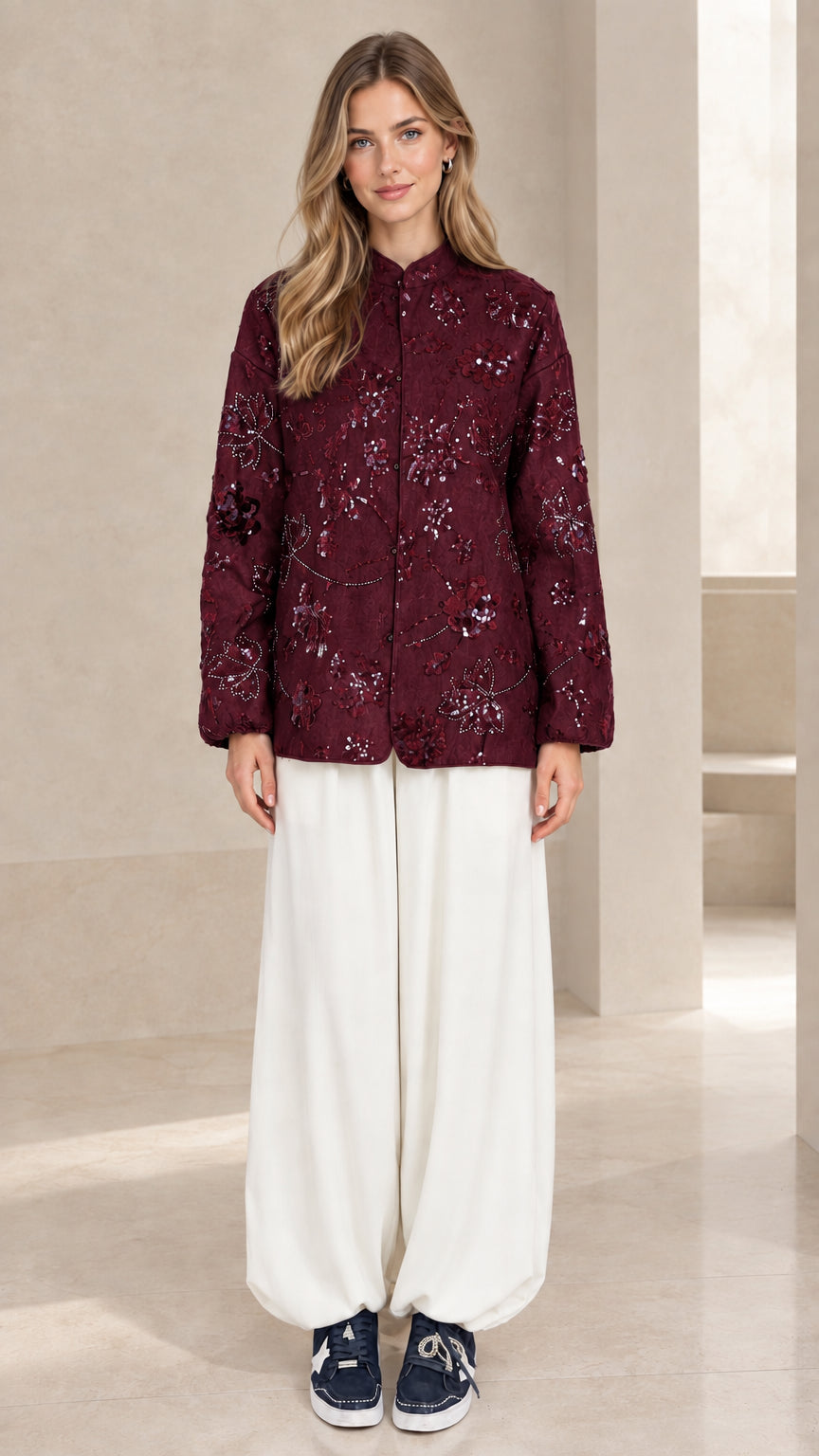 Full front view of burgundy wine red floral sequin embroidered jacket