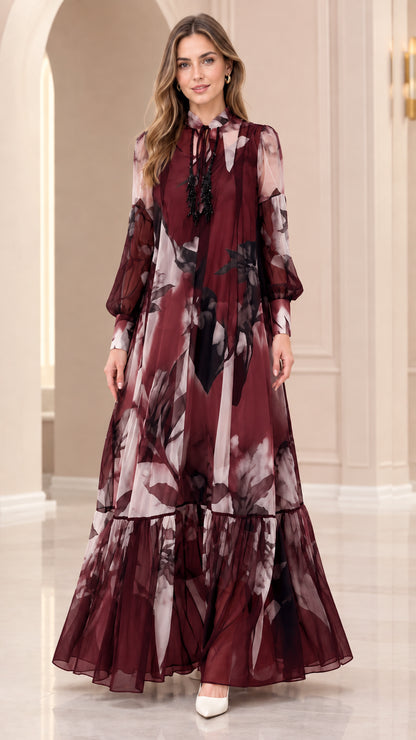 Front view of burgundy red floral print chiffon maxi dress