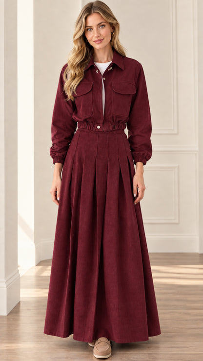 Women's burgundy red utility shirt and pleated maxi skirt two-piece set