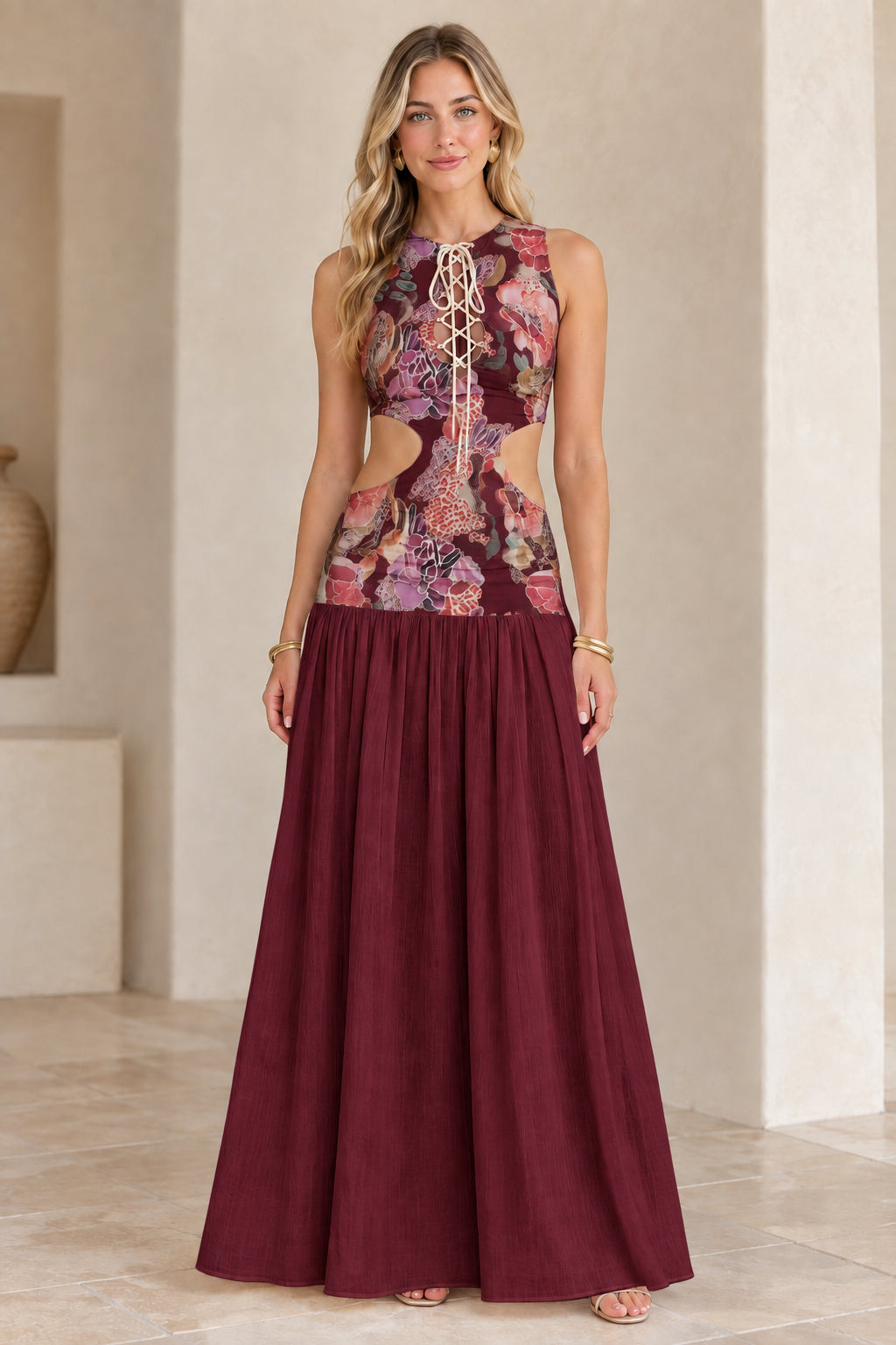 Model wearing Burgundy floral cutout lace-up maxi dress