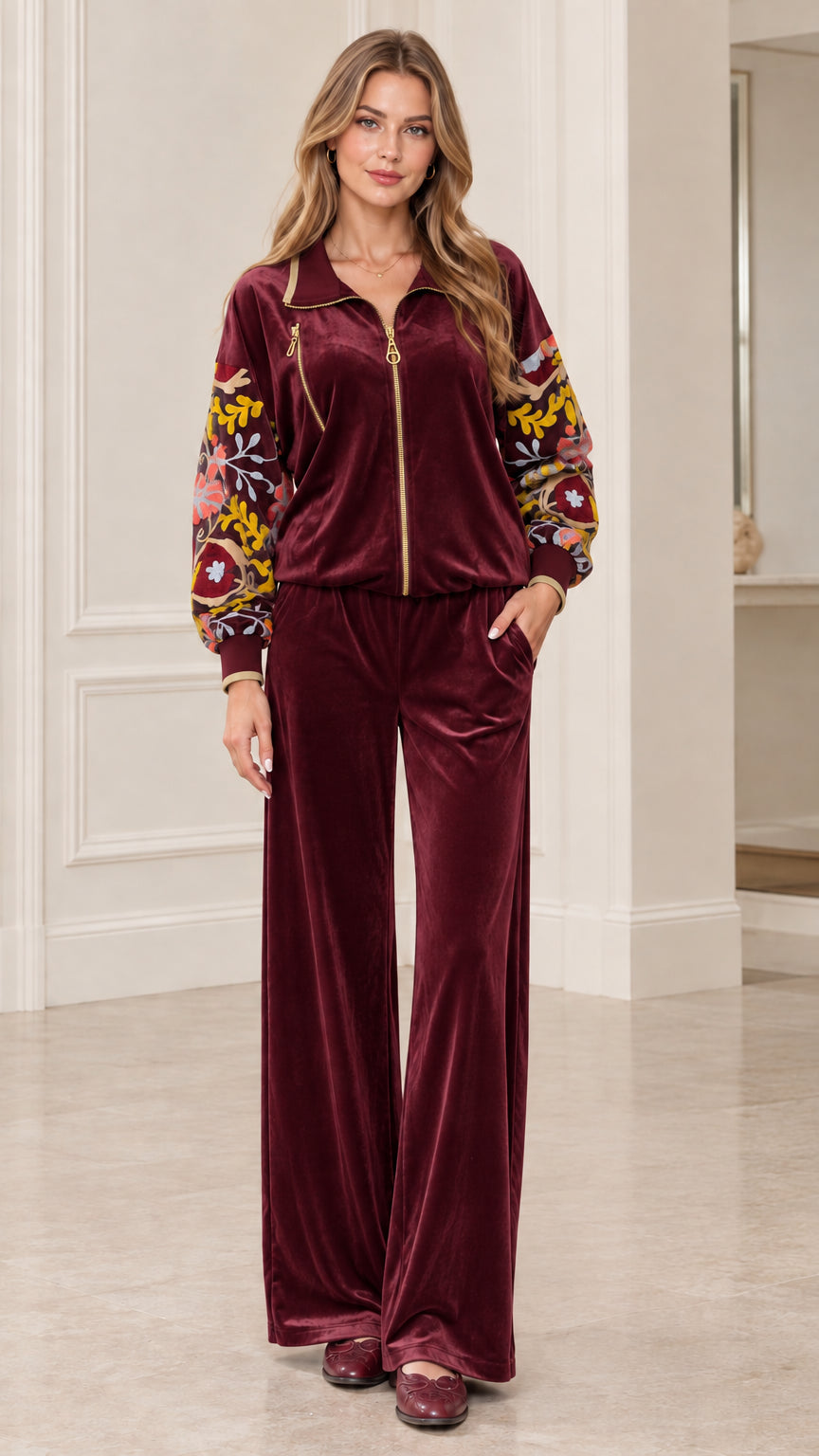 Burgundy wine red embroidered velvet tracksuit set full front view