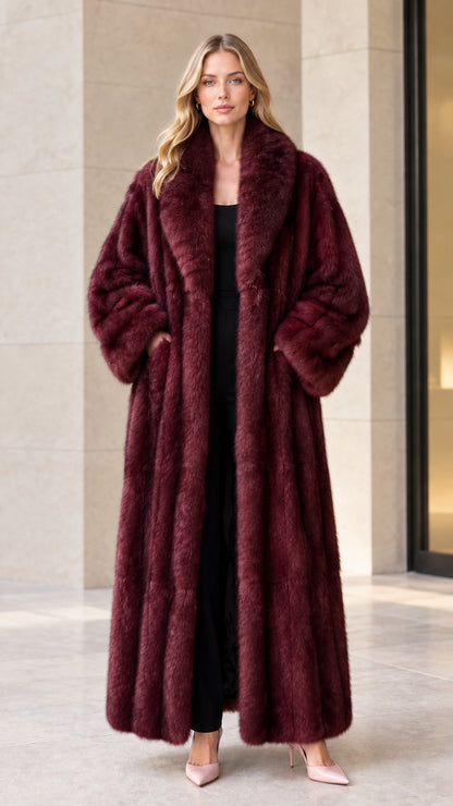 Full-length front view of burgundy plush faux fur maxi coat