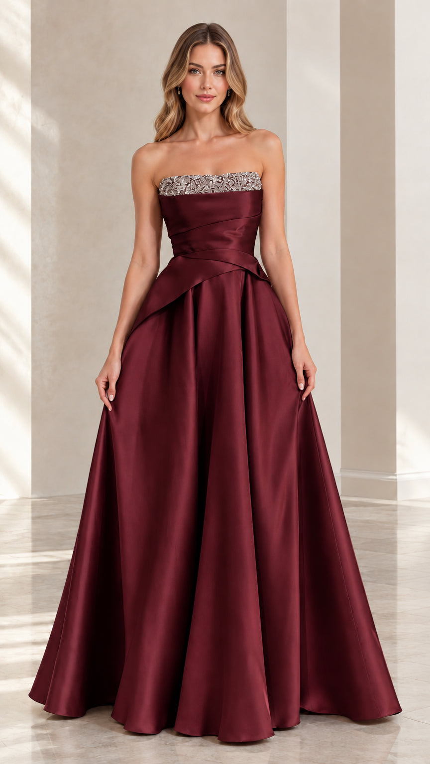 Burgundy strapless satin beaded evening gown