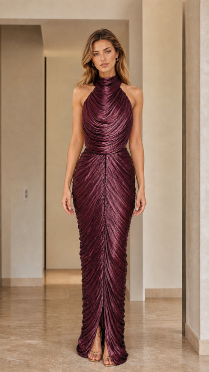 Front view of high neck pleated shimmer maxi dress in deep burgundy