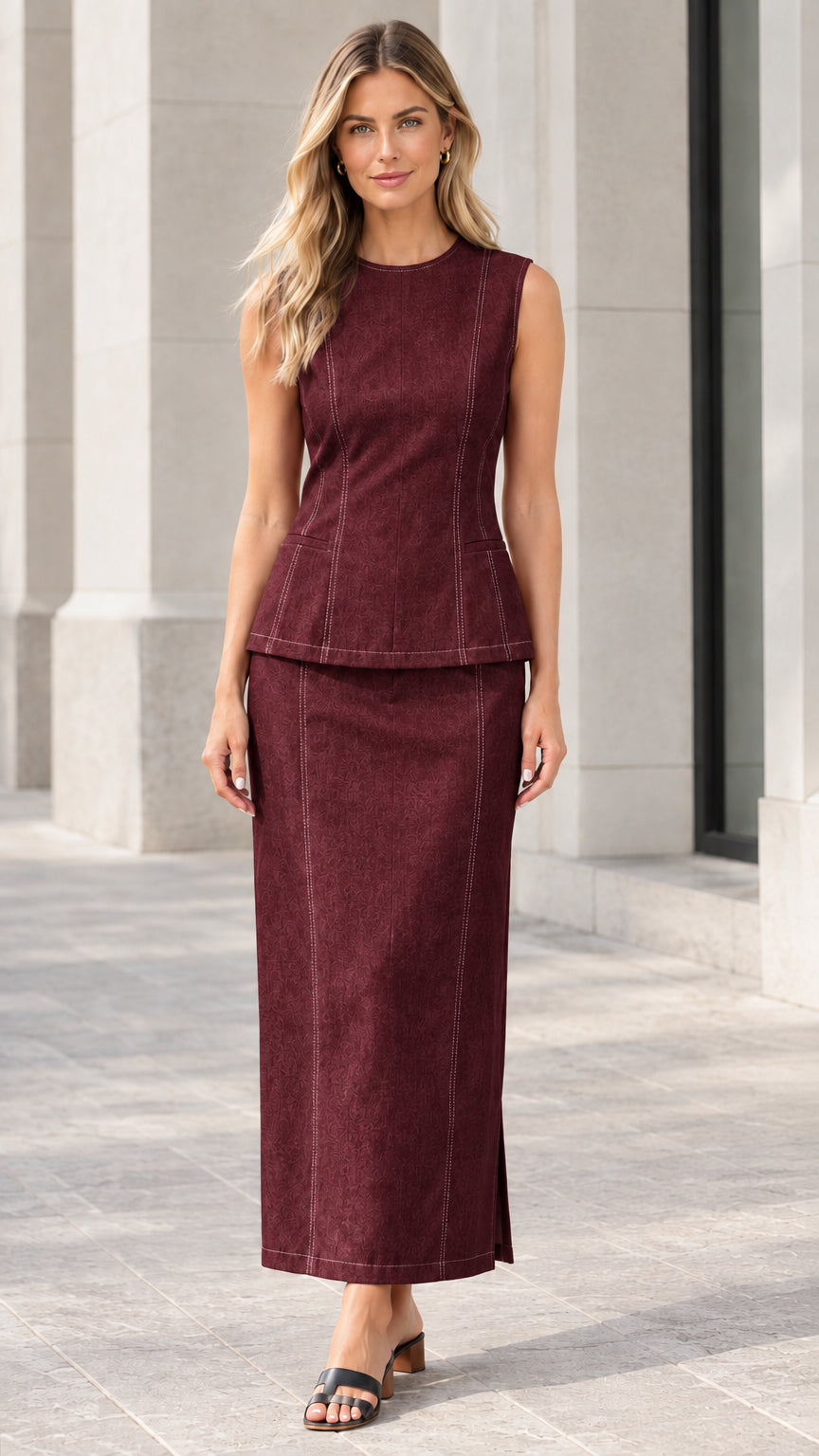 Full front view of Burgundy sleeveless peplum top and matching maxi skirt set