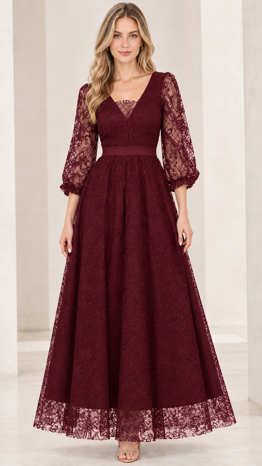 Burgundy wine red floral lace formal dress