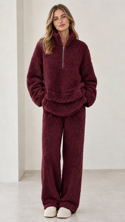 Model wearing burgundy wine red fleece pullover and matching pants set
