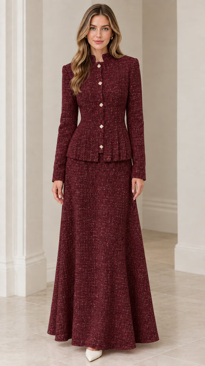 Front view of burgundy wine red tweed peplum jacket and maxi skirt set