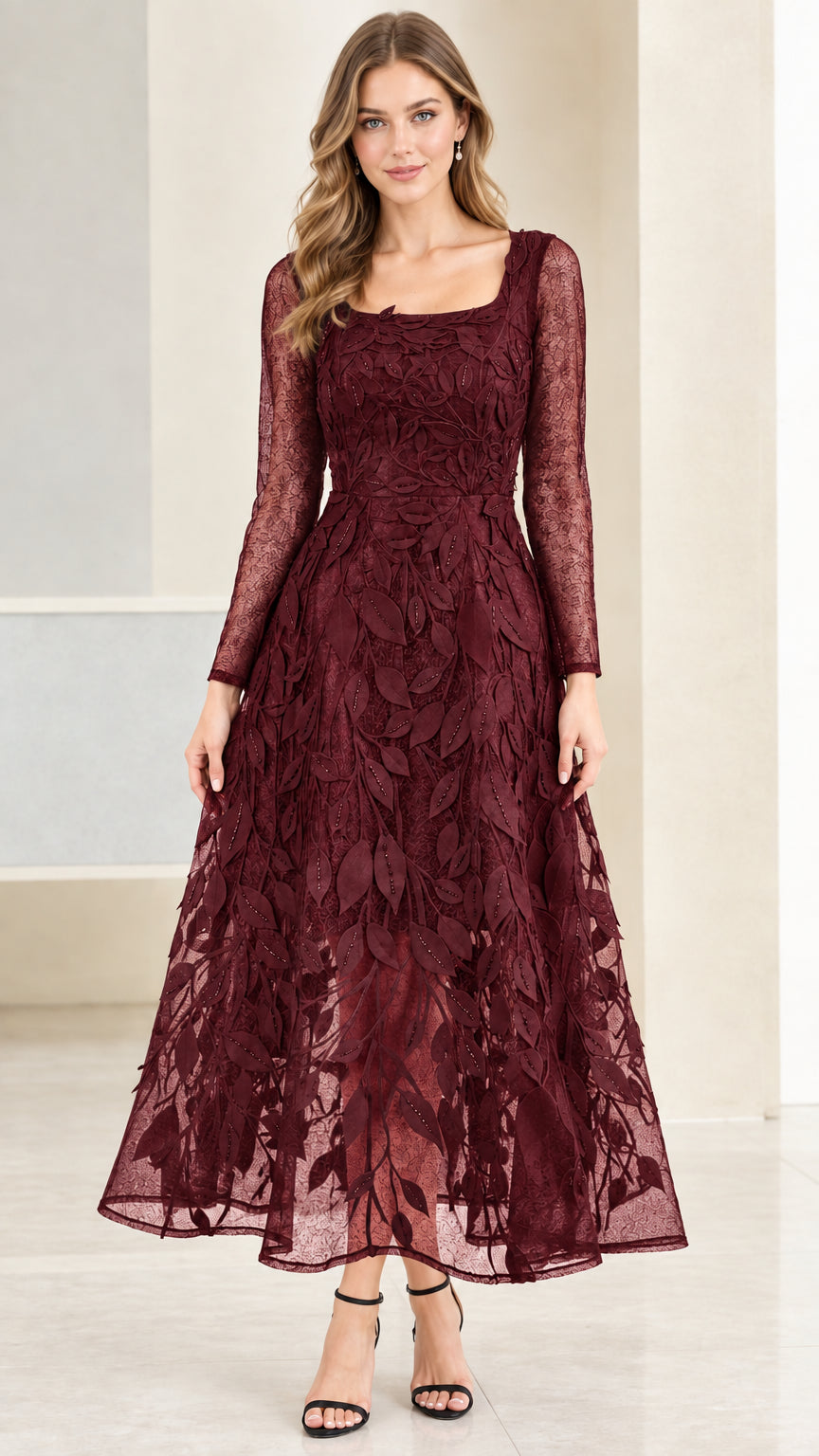 Front view of Burgundy wine red long sleeve embroidered leaf lace evening gown