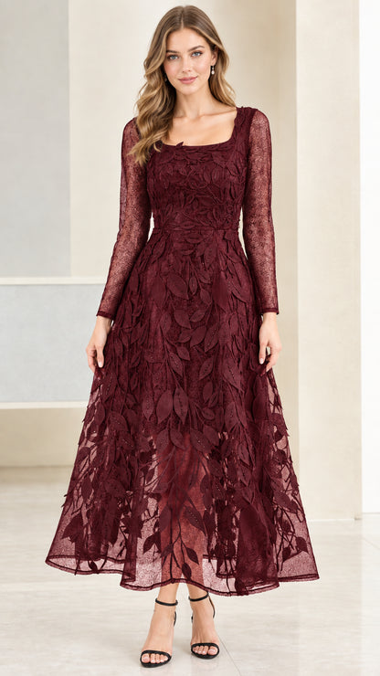 Front view of Burgundy wine red long sleeve embroidered leaf lace evening gown