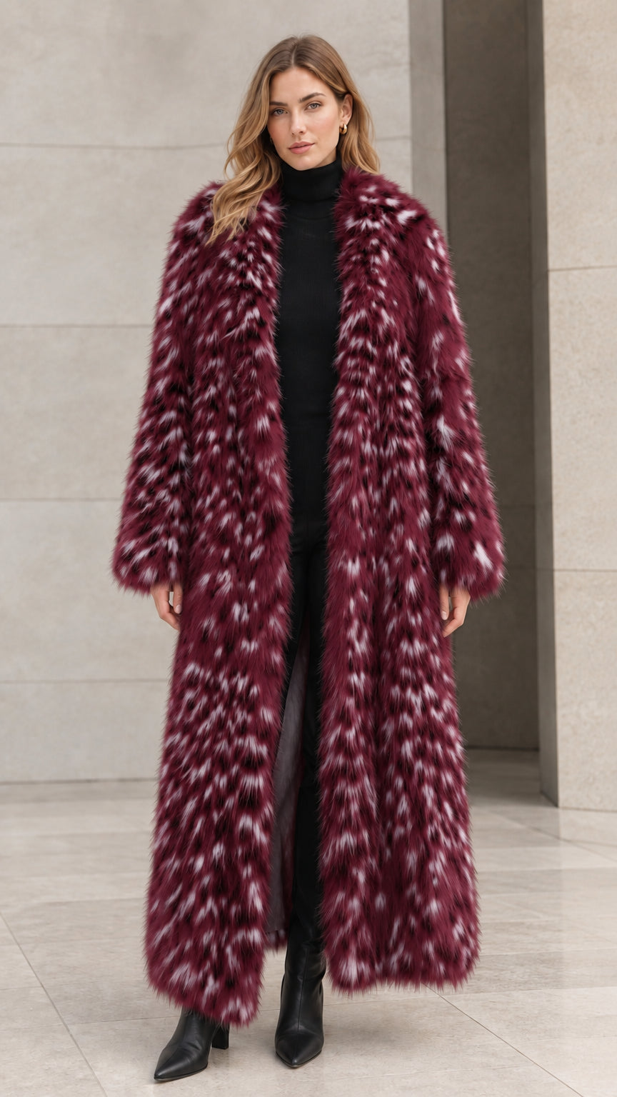 Full-length burgundy wine speckled faux fur maxi coat on model