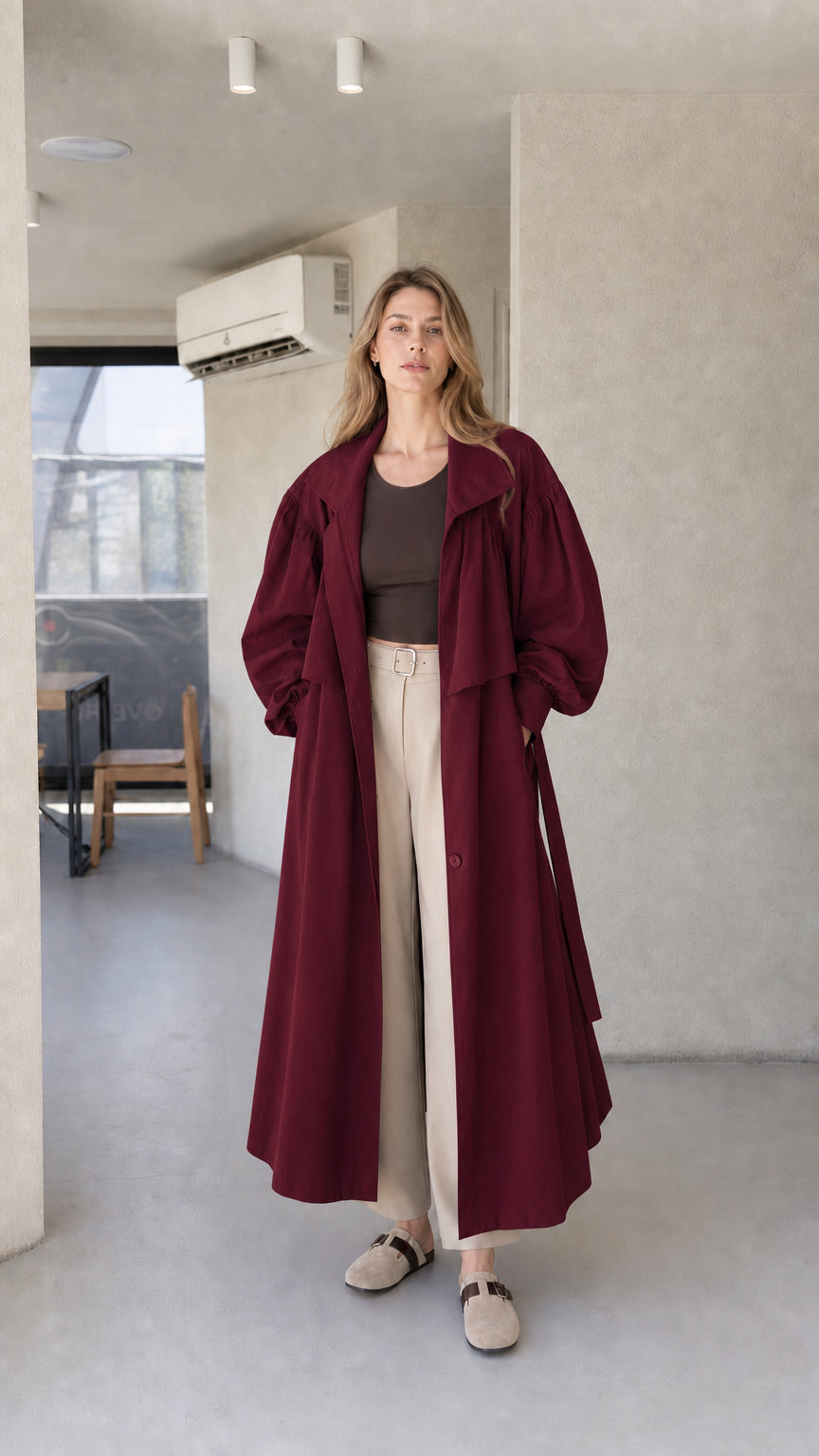 Model wearing deep burgundy wine oversized maxi duster trench coat