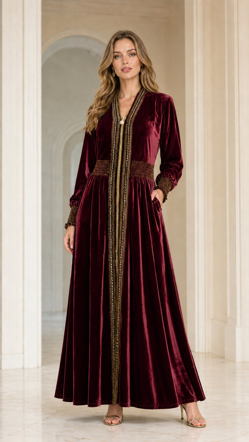 Full front view of model wearing Burgundy velvet embroidered kaftan maxi dress
