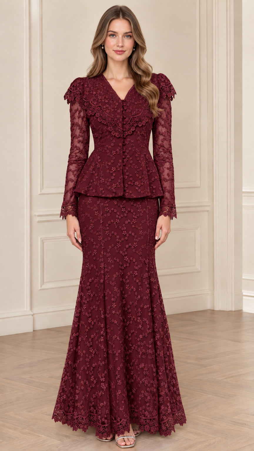 Burgundy floral lace evening peplum jacket and maxi skirt set